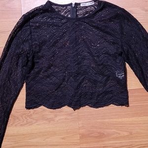Zara Black Long-Sleeve Lace Zig-Zag Pattern Cropped Blouse M